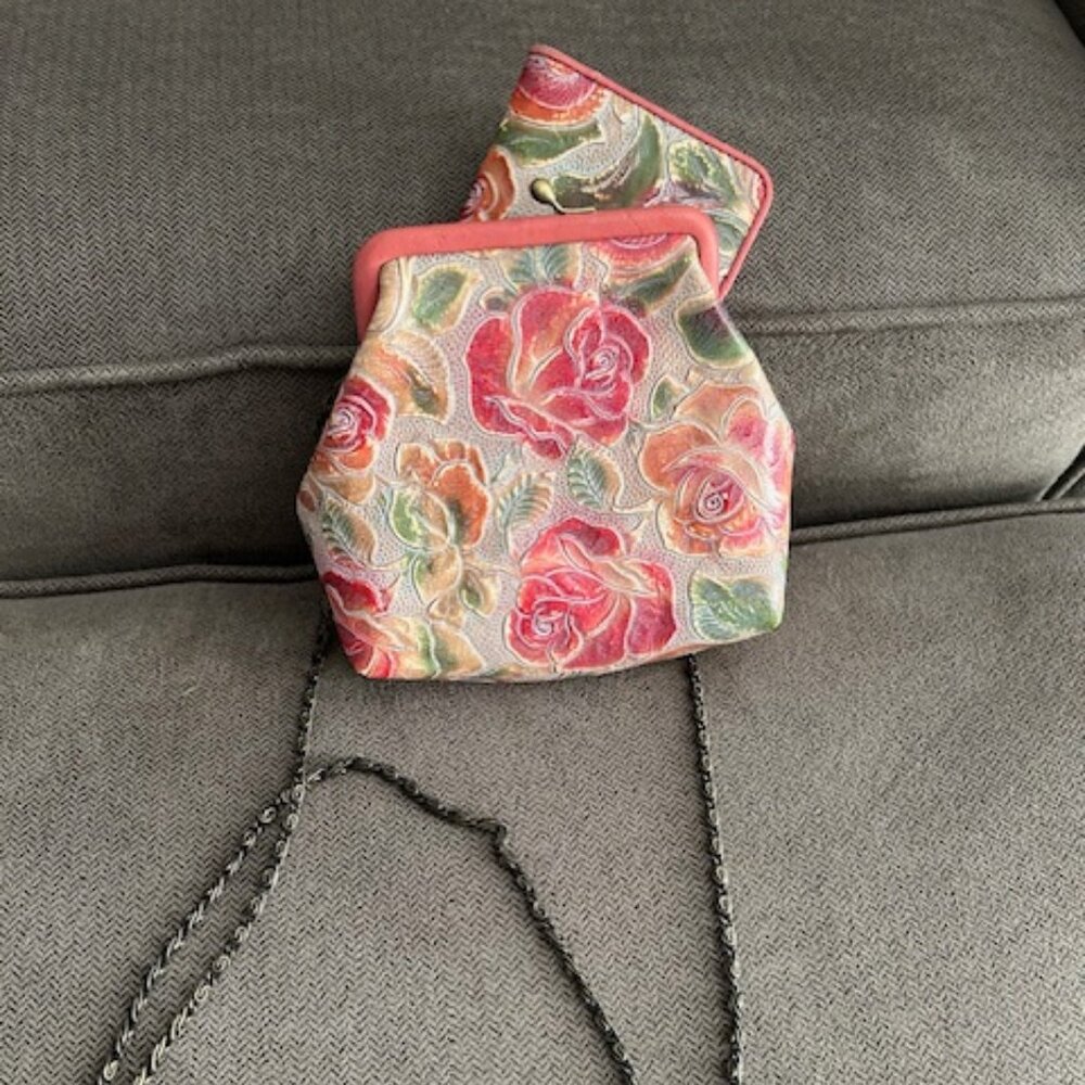 Isabella Fiore Mini Embossed Rose Leather Crossbody Bag + Matching Wallet